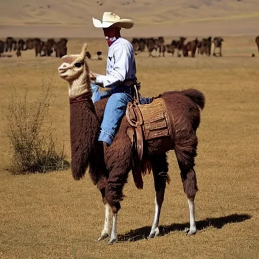 Image similar to a cowboy riding a llama