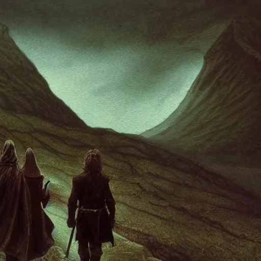 Prompt: A scene from The Lord of the Rings, with Frodo and Sam walking through Mordor. The colors are very dark and ominous, and the composition is very simple. This is an illustration, done in a traditional painting style with a focus on light and shadow. The artist is Alan Lee, and the artwork is called The Journey