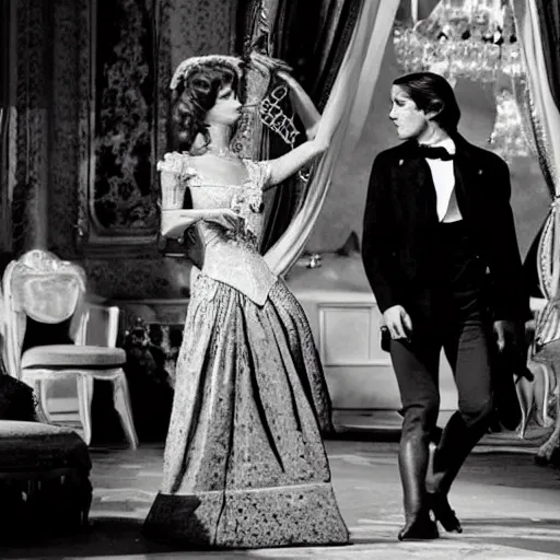 Image similar to ballroom scene from the leopard by luchino visconti with alain delon and claudia cardinale and an extraterrestrial!!!! set in the 1 9 th century in an italian villa. technicolor!!!!, highly intricate, 5 0 mm