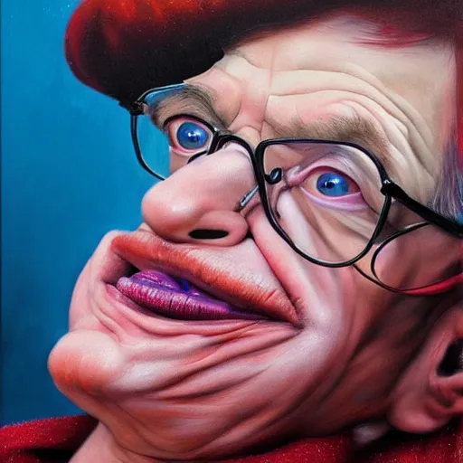 Prompt: UHD hyperrealism painting of Stephen Hawking dressed as a clown, wearing clown makeup, by Antonio Caparo and Ferdinand Knab and Greg Rutkowski, UHD, photorealistic, trending on artstation, trending on deviantart, correct face, real clown makeup