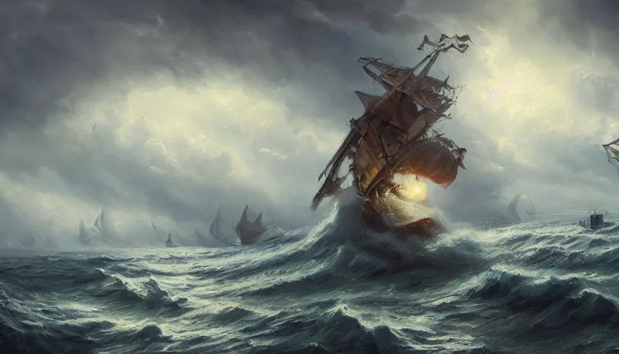 Prompt: A beautiful painting of a kraken attacking a sailing ship in a stormy sea by greg rutkowski and Kalin Popov , Trending on artstation HD.