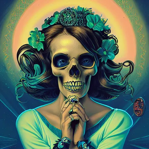 Prompt: a beautiful fancy skull lady by dan mumford and gil elvgren