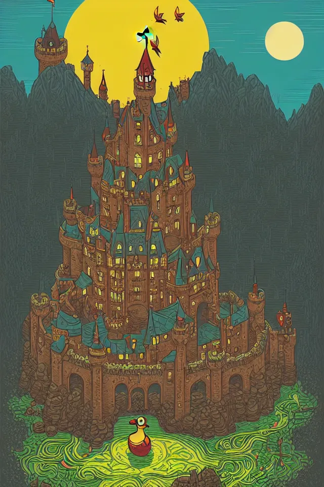 Prompt: a duck wizard, big castle by dan mumford