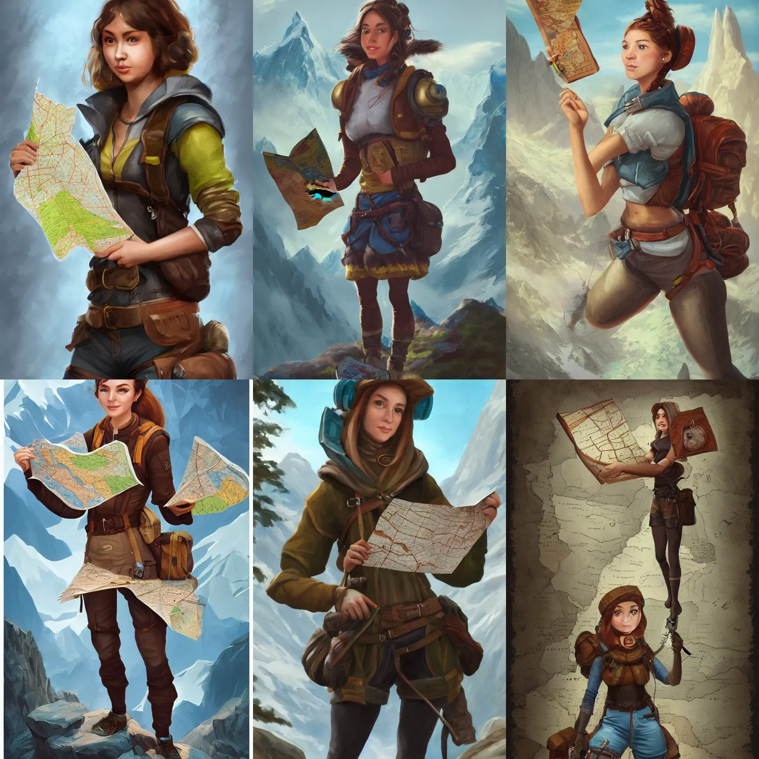 Image similar to A portrait of a female explorer holding a map, full body shot, fantasy, mountainous terrain, action shot, trending on artstation