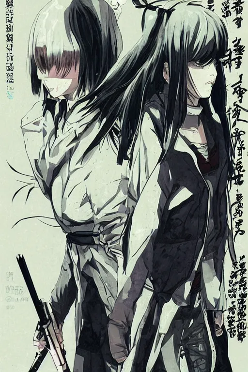 Prompt: professionally drawn seinen mature cyberpunk detective horror action manga comic cover about pain, murder, rituals, occult, blood, full color, beautifully drawn coherent professional, drawn by ilya kuvshinov, ilya kuvshinov, hiromu arakawa and tsutomu nihei. japanese script kanji hiragana on the cover. simplistic minimalist stylized cover art.