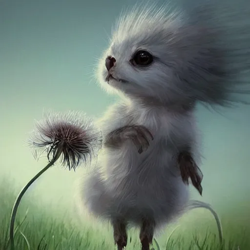 Prompt: the dandelion has big cute eyes and looks so cute. detailed digital art by greg rutkowski, thomas kinkade and keith parkinson, artstation, cgsociety, 8 k, hd