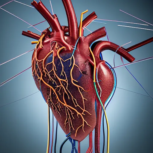 Image similar to a human heart, revealing wires and electronics, arteries, veins, human heart, anatomy, sci - fi, missing panels, intricate abstract upper body intricate artwork, concept art, octane render, deviantart, cinematic, key art, hyperrealism, iridescent accents, portrait photograph, nikon 3 5 mm, photograph by greg rutkowski