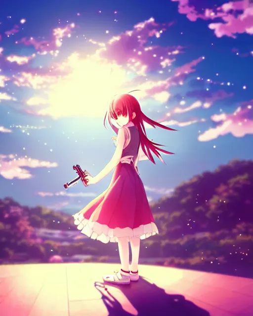 Prompt: anime style, creative, full body, a cute girl with white skin and long pink wavy hair holding a violin and playing a song, heavenly, stunning, realistic light and shadow effects, happy, centered, landscape shot, happy, simple background, studio ghibly makoto shinkai yuji yamaguchi