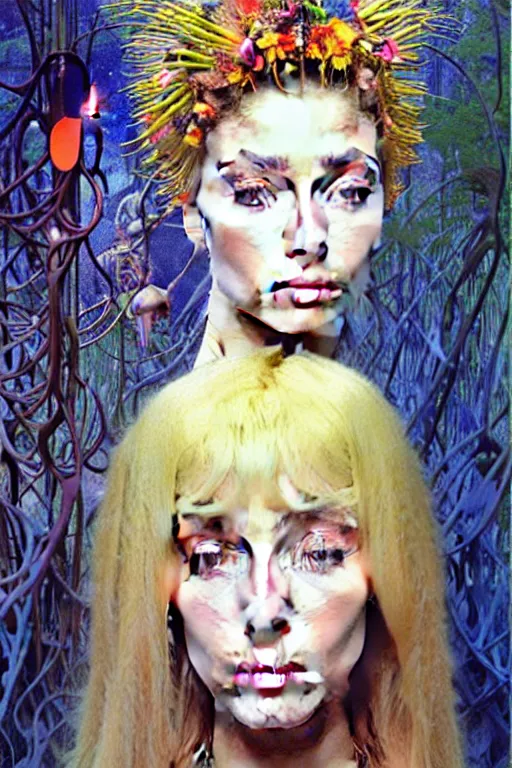 Prompt: realistic detailed face portrait painting of a beautiful hailey bieber with blond hair with sci-fi headwear, futuristic sci-fi forest on background by Jean Delville, Amano, Yves Tanguy, Alphonse Mucha, Edward Robert Hughes, Roger Dean, moebius, hilma af klint, rich moody colours, blue eyes