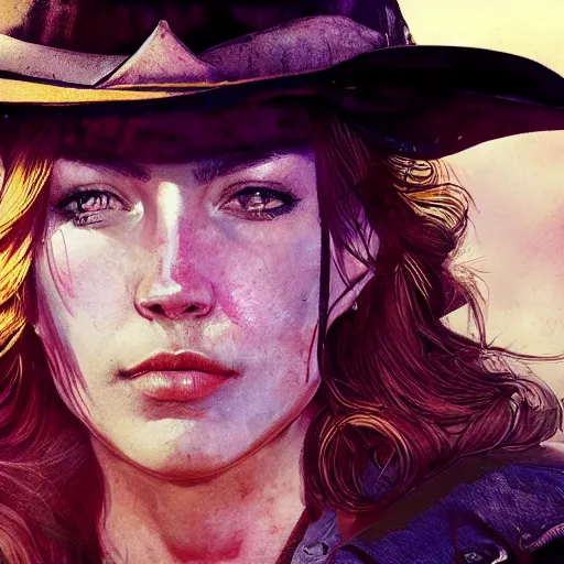 Image similar to fallout 5, charismatic beautiful, rugged, brunette female protagonist wearing a cowboy - hat, portrait, outdoors ruined suburban area, atmospheric lighting, painted, intricate, volumetric lighting, beautiful, spring, sharp focus, cool deep colours, ultra detailed, by leesha hannigan, ross tran, thierry doizon, kai carpenter, ignacio fernandez rios