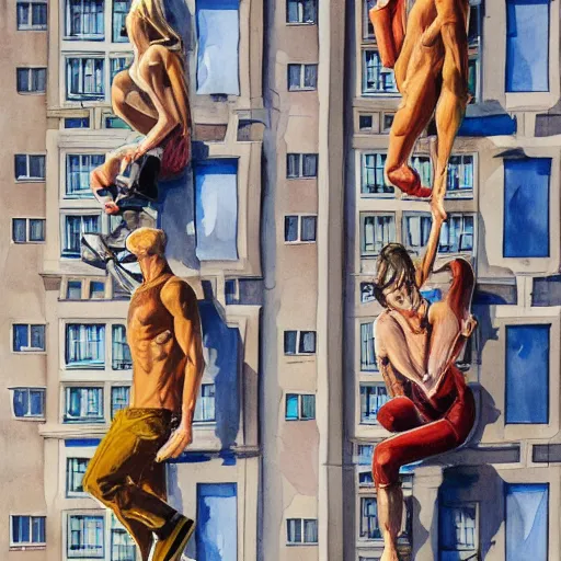 Image similar to detailed details some people tryin to fly from their apartement in the style of stephen bliss and alex ross, gouache and wash paints color, detailed details facial and body and human and environments and proportionate, detailed 5 k details.