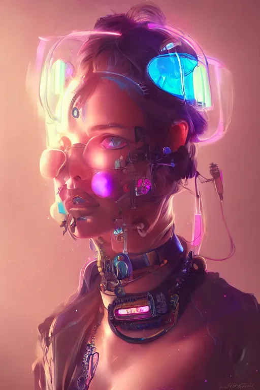 Image similar to portrait of a psychedelic steampunk girl with biotechnical parts and neon light by Artgerm and Greg Rutkowski , digital painting, highly detailed, trending on artstation