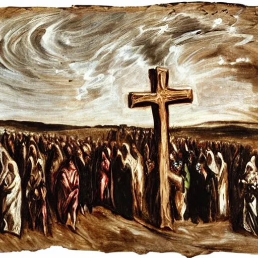 Prompt: A Holy Week procession of souls in a Spanish landscape at night. A figure at the front holds a cross. El Greco.