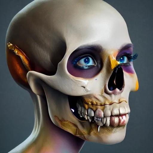 Image similar to full body pose, hyperrealistic mixed media painting of beautiful skull woman, dim volumetric lighting, 8 k, octane beautifully detailed render, extremely hyper detailed, intricate, epic composition, cinematic lighting, masterpiece, trending on artstation, very very detailed, masterpiece, stunning, hdr, smooth, sharp focus, high resolution, award, winning photo, dslr, 5 0 mm