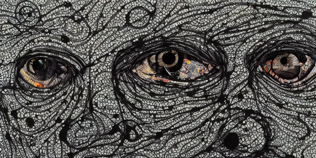 Prompt: camo made of eyes, technical, acrylic, teeth, eerie, tribal, clay, dotting, lines, stipple, points, cybernetic, style of old painting, francis bacon art, swirly eyes, hypnosis, eerie, terror, oil, neon, black and white, splotches, colorful dots, ominous,