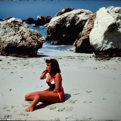 Image similar to A sad woman wearing an inflatable animal to the beach, 1980, color film expired film, aged photo, fellini almodovar john waters