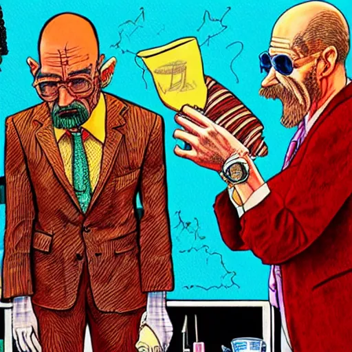 Image similar to The Artwork of R. Crumb and his Cheap Suit Breaking-Bad-Walter-White buying drugs, pencil and colored marker artwork, trailer-trash lifestyle