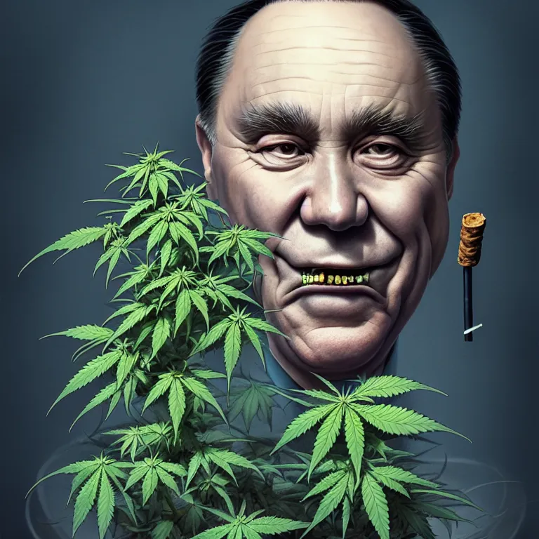 Image similar to a portrait of evil cannabis plant smoking premier francois legault illustrated by miyazaki by karol bak, james jean, tom bagshaw, rococo, sharp focus, trending on artstation, cinematic lighting, hyper realism, octane render, 8 k, hyper detailed, vivid, ultra detailed, highly detailed