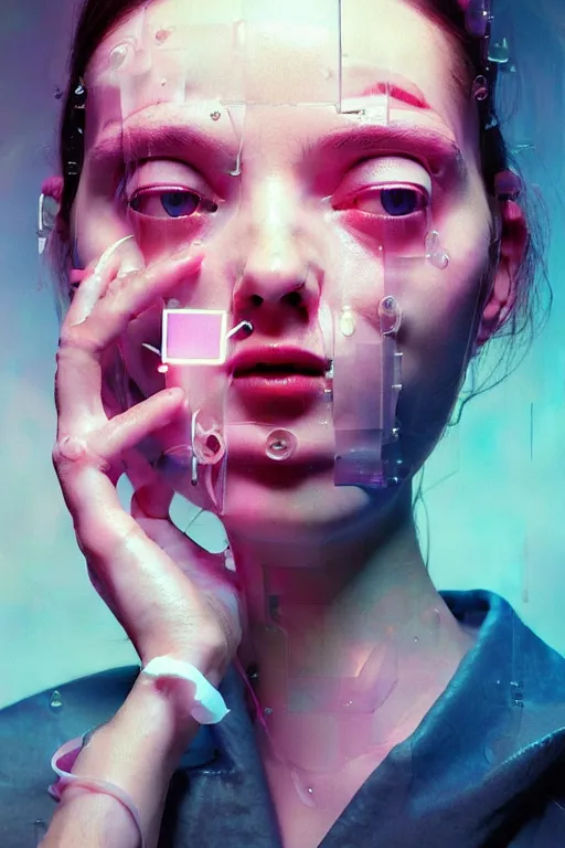 Prompt: 3 d, close - up, sad fashion model, glass, neon, poster art, intricate oil painting, high detail, figurative art, multiple exposure, poster art, 3 d, by stanley kubrick and tooth wu and wlop and beeple