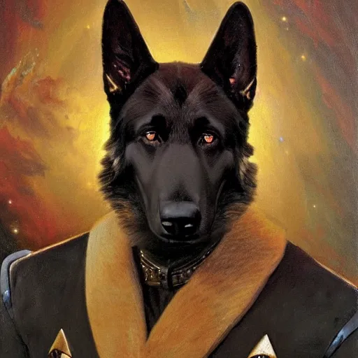 Image similar to a portrait of a man depicted as a black german shepherd dogman canine, star trek the next generation. highly detailed painting by gaston bussiere, craig mullins, j. c. leyendecker, furry