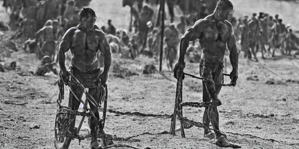 Prompt: a man on a chain gang, muscular, sweaty, tired, cinematic, underexposed, 50mm lens