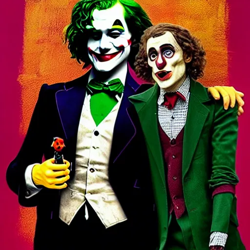 Image similar to ilya yefimovich repin and mimmo rottela and banksy as joaquin phoenix skinny joker!!, holding lady gaga harley queen hand!!, ultra photorealistic, intricate details, pop art style, concept art, confident posse, justify content center, 2 colours, warm color, 4 k, ultra smooth, sharp focus