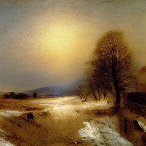 Prompt: rural winter scene by jmw turner, evening light, oil on canvas