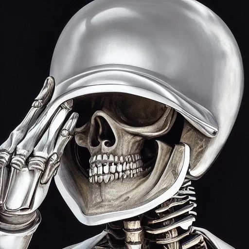 Prompt: A masterpiece portrait of a male skeleton made entirely of stainless steel, wearing a baseball cap, cinematic lighting, Michael Whelan