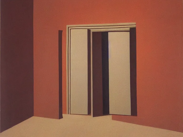 Image similar to an open door to nothingness in brick wall with endless hallway inside, painting by rene magritte, high detail, high resolution