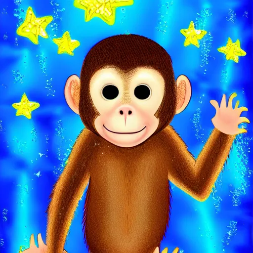 Image similar to excited young monkey underwater, sparkly, colorful, digital painting