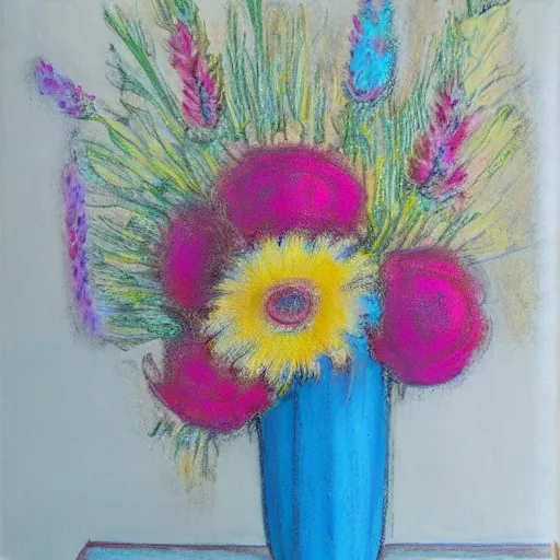 Image similar to a white ceramic vase, with colorfull tall flowers, pastel colors, pink, blue, studio photo, photorealism, symmetry.