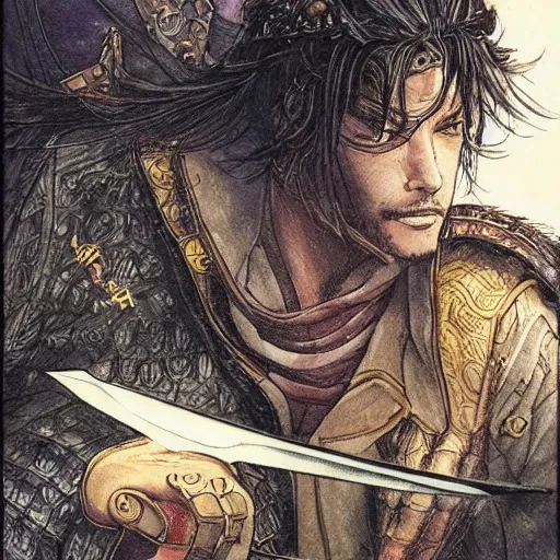 Image similar to a handsome golden Vagabond magic swordsman glides through a beautiful battlefield magic the gathering dramatic esoteric pen and ink illustrated in high detail by Hiroya Oku and Tatsuki Fujimoto