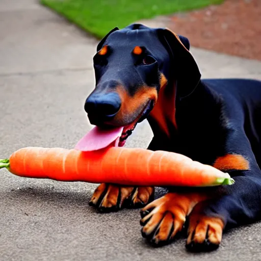 Prompt: doberman dog eating a carrot, photo