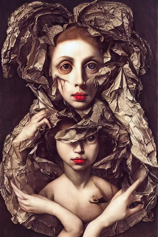 Prompt: Detailed maximalist portrait with large lips and with large wide eyes, surprised expression, surreal extra flesh , HD mixed media, 3D collage, highly detailed and intricate, illustration in the golden ratio, in the style of Caravaggio, dark art, baroque