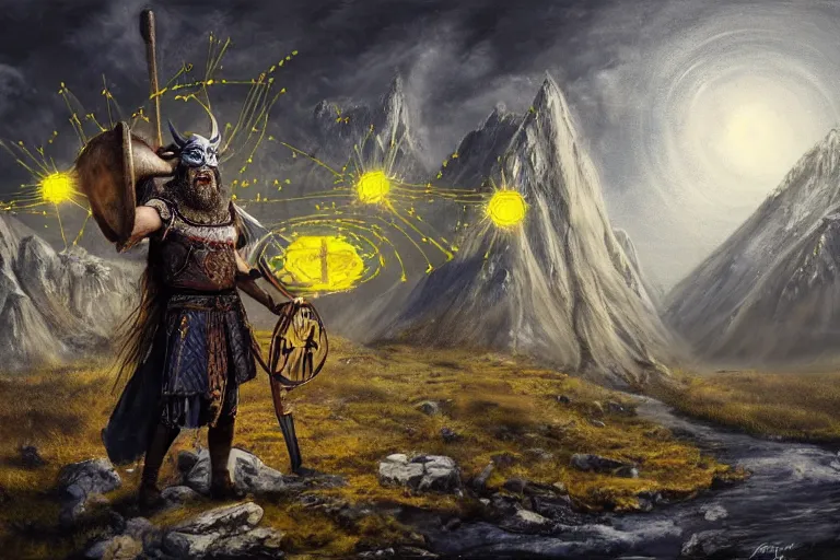 Prompt: mythological viking odin Shaman of artificial intelligence creating an artificial neural network with yellow synapses on an anvil, dark mystical mountains in the background, high resolution, award winning art, trending on art station, sharp image, incredibly detailed, detailed character realistic painting,