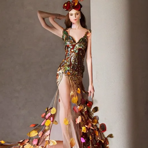 Image similar to exclusive evening dress made of bronze transparent fabric fantasy with colored flower petals made of fabric. intricate asymmetrical patterns. an elegant hat. hyperrealistic photos, clear details.