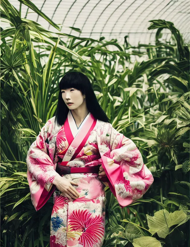 Prompt: fashion photograph of a beautiful Japanese woman wearing a traditional kimono in a tropical greenhouse, by Annie Leibowitz, by Alessio Albi, extremely detailed, large format camera, Kodak Portra film, 85mm lens, bokeh, blurred background, photorealistic, trending on instagram, trending on artstation