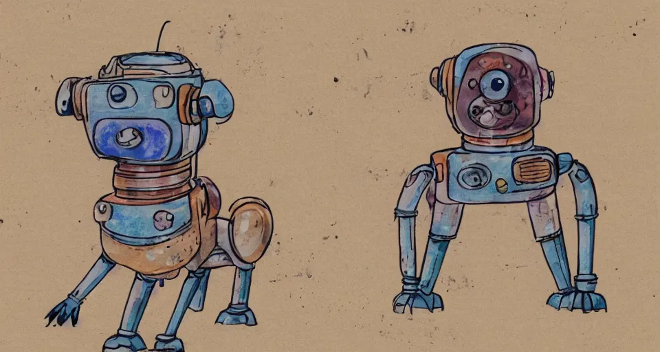 Image similar to a detailed illustration of a cute retro robot dog, alcohol inks on parchment, muted colors, detailed, textured parchment background, 1 9 5 0 s concept art