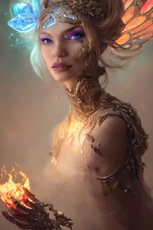 Prompt: face closeup of extremely beautiful girl necromancer, magical fairy flowers and ice velvet, diamonds, angels, 3 d render, hyper - realistic detailed portrait, holding fire and electricity rainbow, ruan jia, wlop. scifi, fantasy, magic the gathering, hyper detailed, octane render, concept art, peter mohrbacher