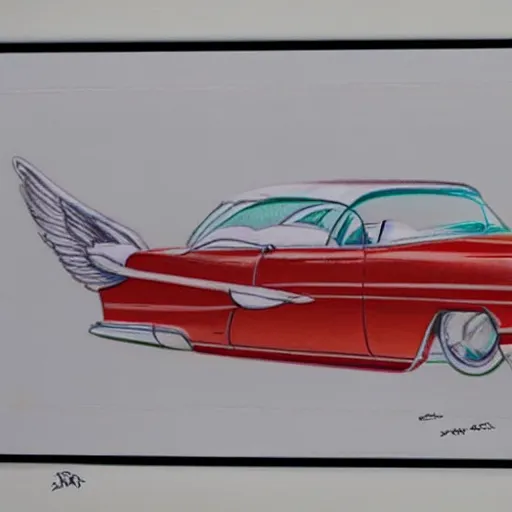 Image similar to a color pencil product design drawing of a 5 0 s flying cadillac car model with wings