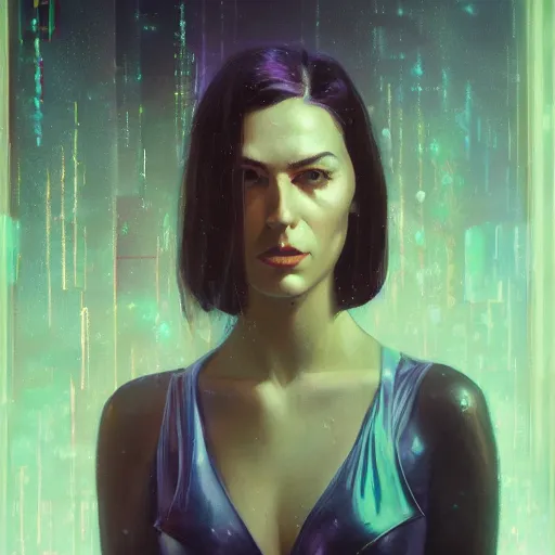 Image similar to detailed face of a woman, moment, cyberpunk cloisters, electronic billboards, tech noir, wet reflections, prism, atmospheric, ambient, pj crook, syd mead, livia prima, greg rutkowski, edward hopper