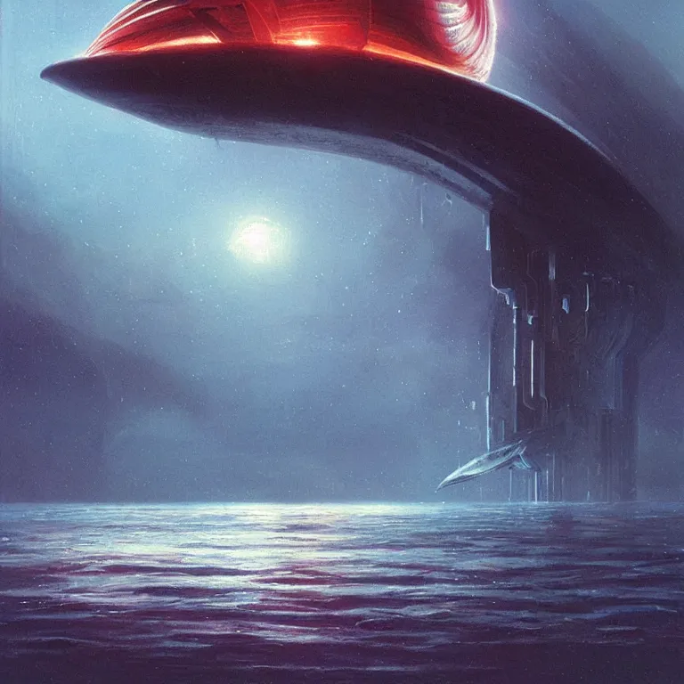 Prompt: mechanical nautilus spaceship dripping wet rising from a the ocean, sci - fi concept art, by john harris, by simon stalenhag, by vincent di fate, stunning, award winning