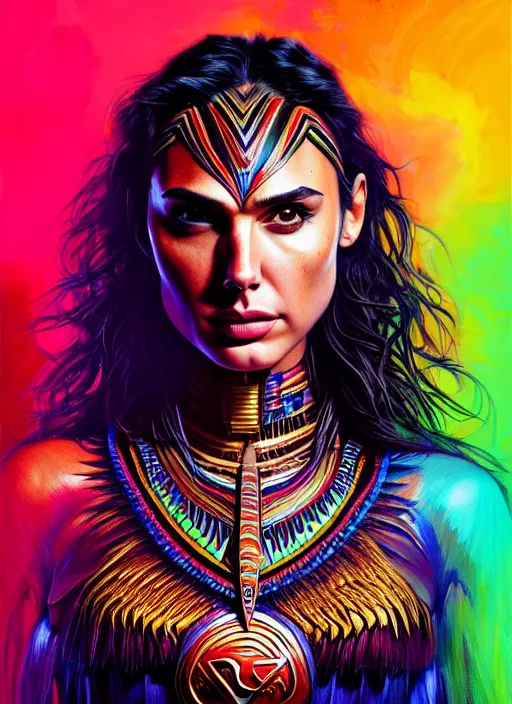 Image similar to portrait of gal gadot, hyper detailed ultra sharp aztec shaman warrior. trending on artstation, warpaint aesthetic, bloodwave, colorful, psychedelic, ornate, intricate, digital painting, concept art, smooth, sharp focus, illustration, art by artgerm and greg rutkowski and h. r. giger, 8 k