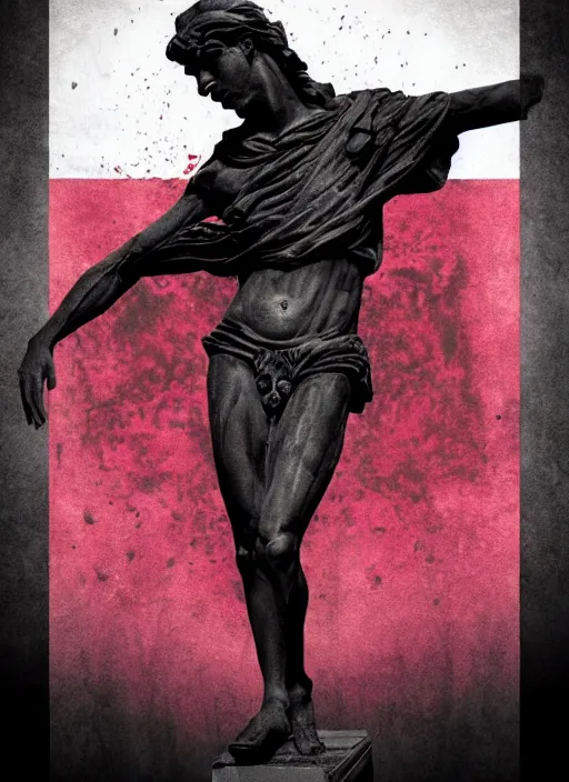 Image similar to elegant dark design poster showing a greco roman statue, black background with very subtle red and purple design elements, powerful, nekro, vito acconci, thick straight lines, dark, glitch art, neo vaporwave, gritty, layout frame, square, extremly detailed, trending on artstation