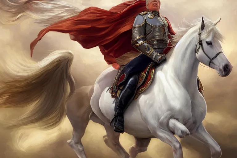 Image similar to donald trump on a majestic white horse, digital painting, artstation, concept art, smooth, sharp focus, illustration, in - frame, centered, art by artgerm and donato giancola and joseph christian leyendecker, ross tran, wlop