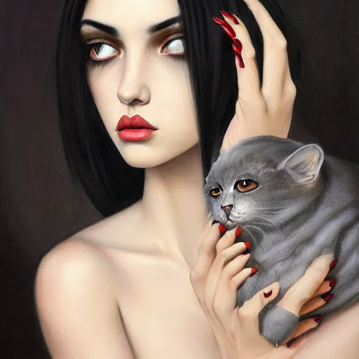 Image similar to a painting of an emo mexican woman with long dark hair thick eyebrows dark eyes and dark circles wide nose big eyes oval face shape big cheeks holding her cat, photorealistic painting by tran nguyen ilya kuvshinov and greg rutkowski featured on deviantart, gothic art, goth, gothic, detailed painting