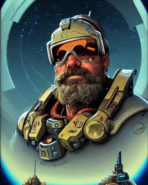 Image similar to torbjorn from overwatch, character portrait, portrait, close up, concept art, intricate details, highly detailed, vintage sci - fi poster, retro future, vintage sci - fi art, in the style of chris foss, rodger dean, moebius, michael whelan, and gustave dore