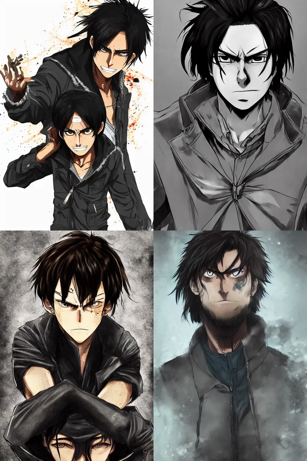 Prompt: eren yeager timeskip, adult, half body portrait, messy manbun, black jacket, glowing eyes, serious expression, artstation, gritty, dark, bad intent, high detailed, digital art