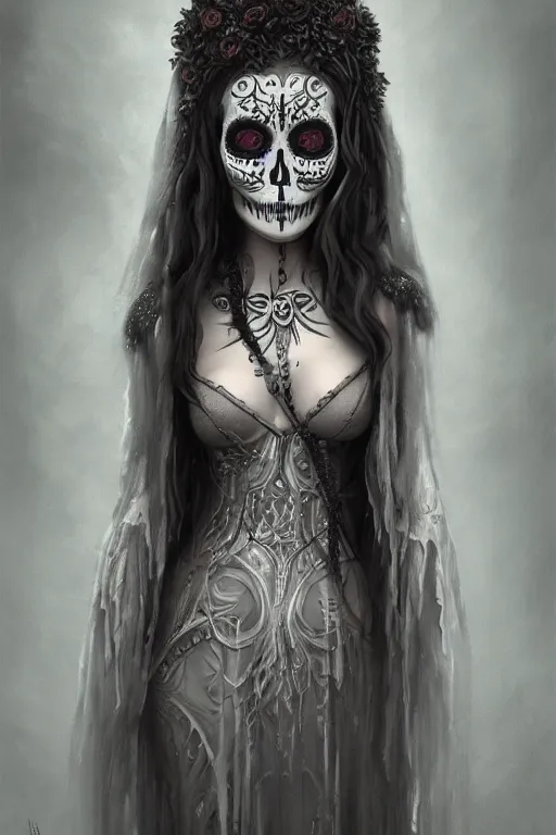 Image similar to ultra realist and ultra intricate detailed character concept art of a beautiful slim but curvy muerte girl in a long dress, thin lustrous hair, symmetry features, sensual gloomy style, soft painting, volumetric light and fog, fantasy background, artstation, Tom Bagshaw artstyle, unreal render