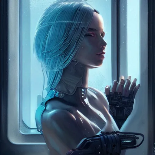 Prompt: portrait of cyberpunk woman looking out of a window, cyberpunk setting, futuristic, highly detailed, intricate lighting, digital painting, sharp focus, illustration, trending on artstation, art by charlie bowater.